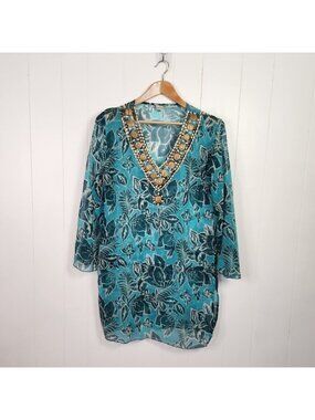 Sahiba Blue Tunic 3/4 Sleeves Swim Cover-Up Top Beaded Boho Bohemian Beach